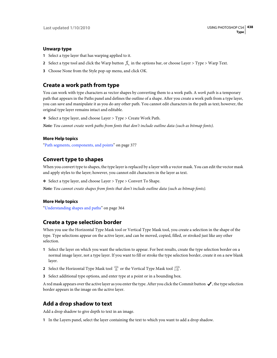 Unwarp type, Create a work path from type, Convert type to shapes | Create a type selection border, Add a drop shadow to text | Adobe Photoshop CS4 User Manual | Page 445 / 707