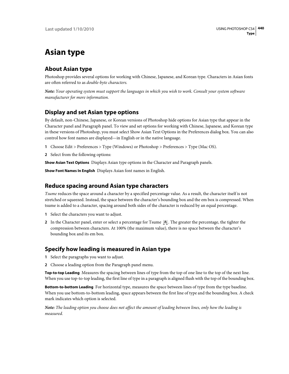 Asian type, About asian type, Display and set asian type options | Reduce spacing around asian type characters, Specify how leading is measured in asian type | Adobe Photoshop CS4 User Manual | Page 447 / 707