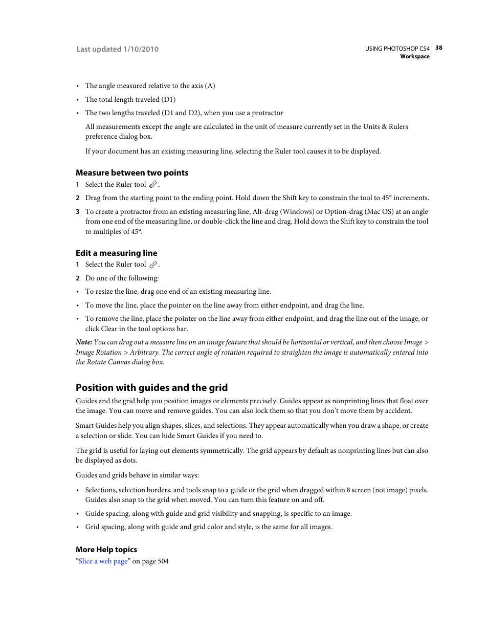 Measure between two points, Edit a measuring line, Position with guides and the grid | Adobe Photoshop CS4 User Manual | Page 45 / 707