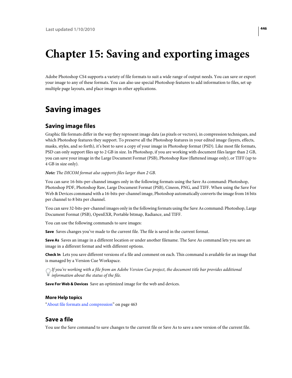 Chapter 15: saving and exporting images, Saving images, Saving image files | Save a file | Adobe Photoshop CS4 User Manual | Page 453 / 707