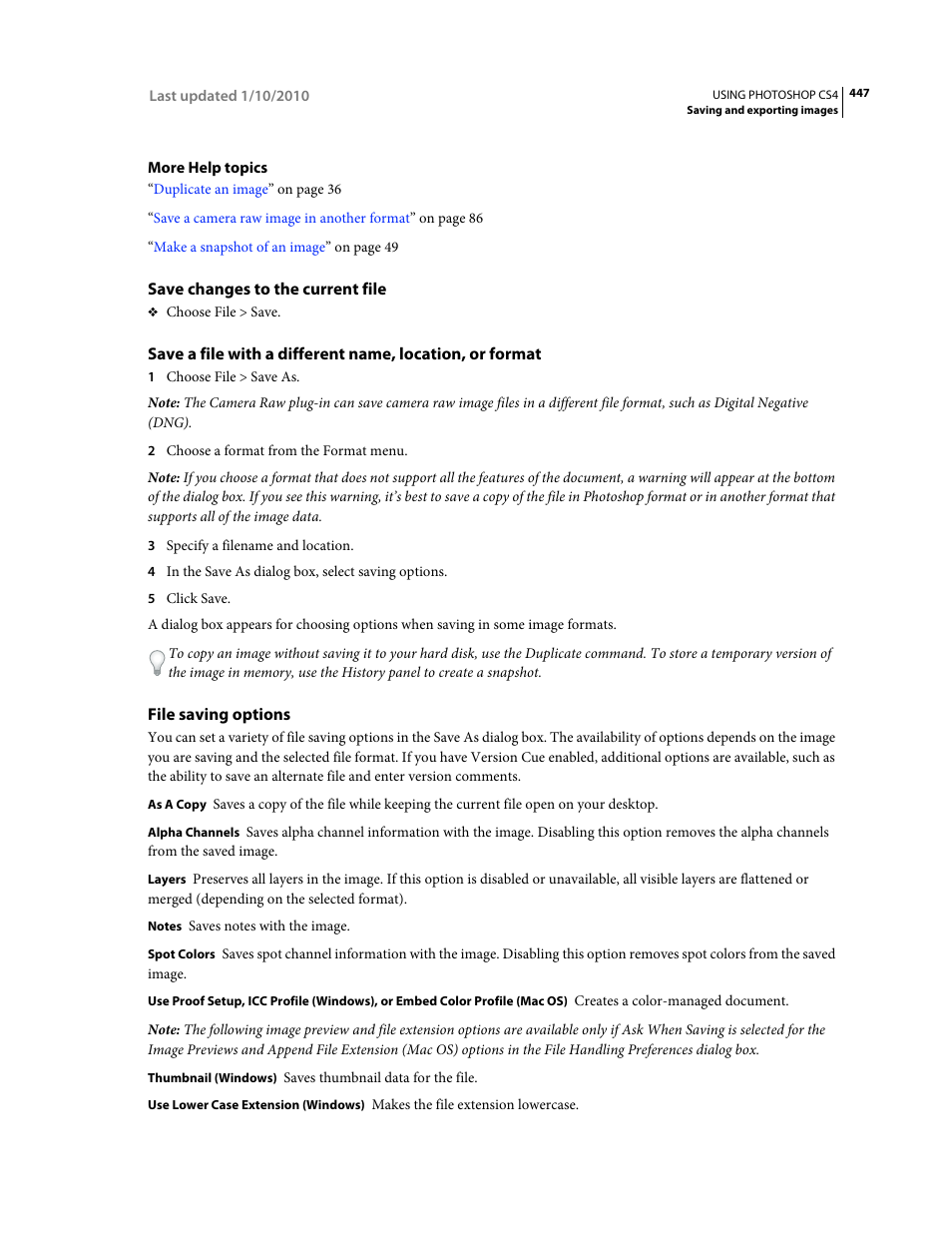 Save changes to the current file, File saving options | Adobe Photoshop CS4 User Manual | Page 454 / 707