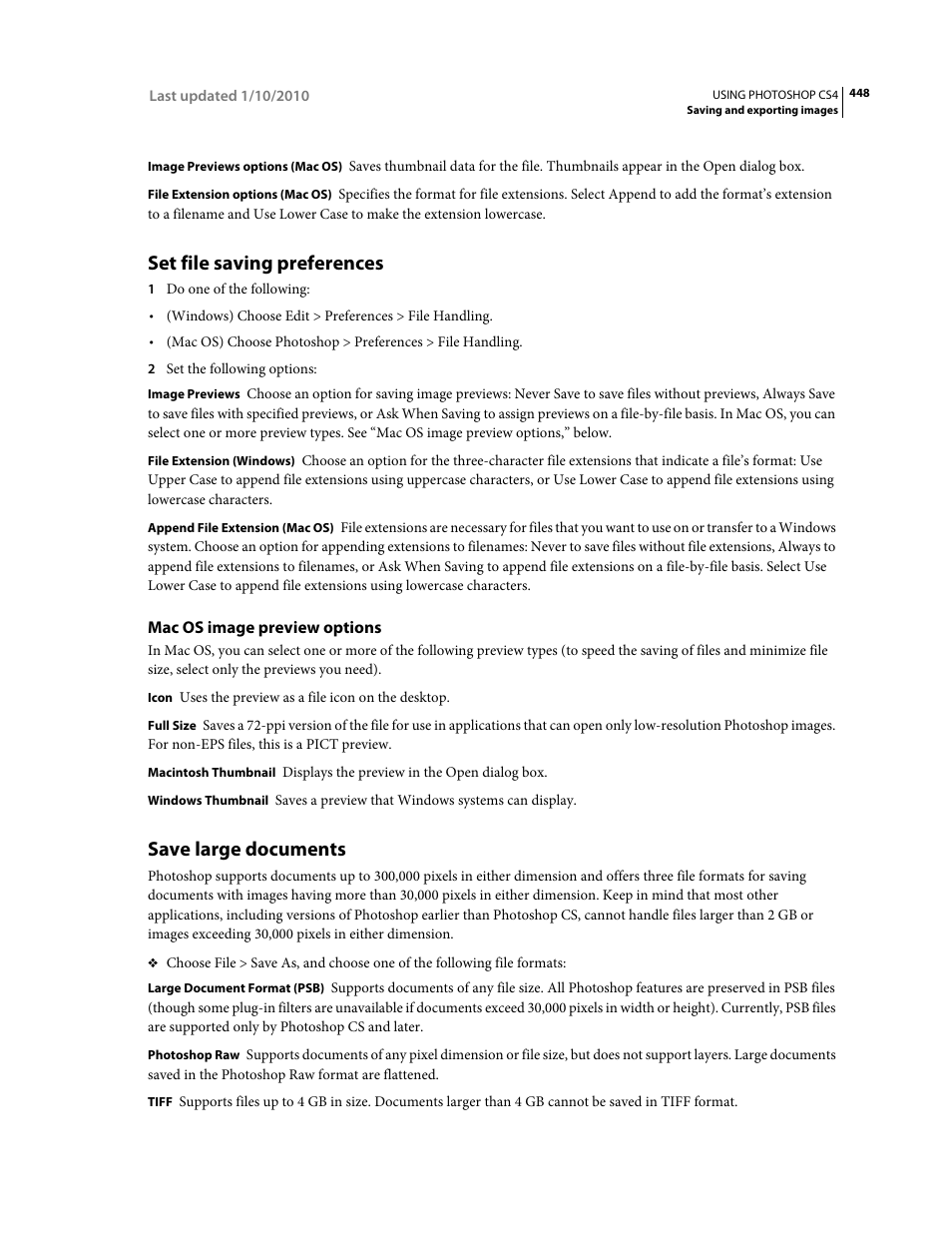 Set file saving preferences, Mac os image preview options, Save large documents | Adobe Photoshop CS4 User Manual | Page 455 / 707