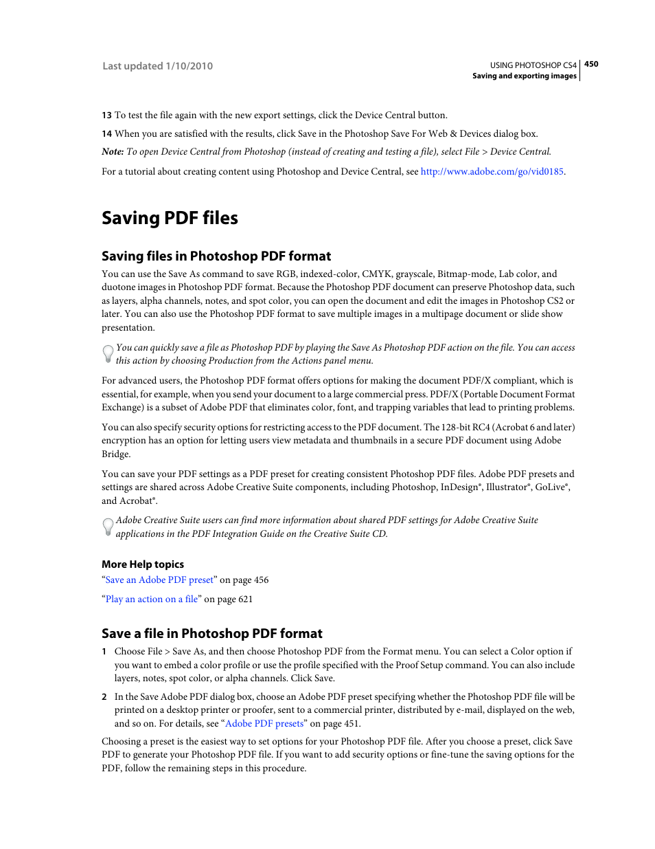 Saving pdf files, Saving files in photoshop pdf format, Save a file in photoshop pdf format | Adobe Photoshop CS4 User Manual | Page 457 / 707