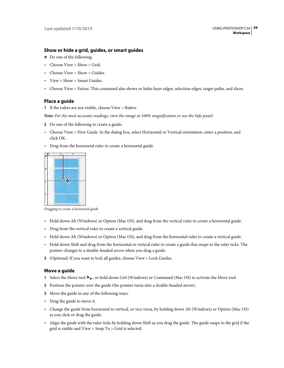 Show or hide a grid, guides, or smart guides, Place a guide, Move a guide | Adobe Photoshop CS4 User Manual | Page 46 / 707