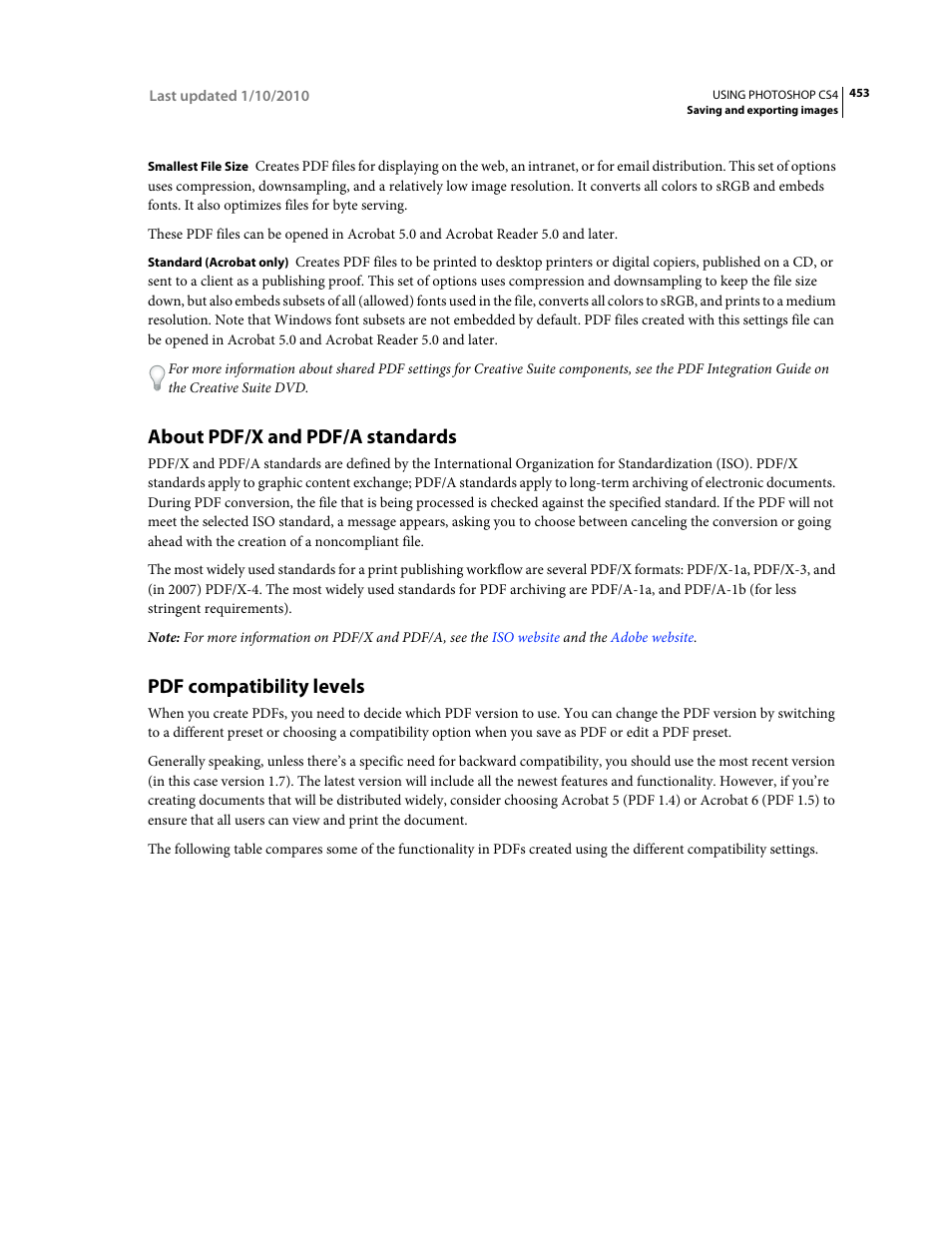 About pdf/x and pdf/a standards, Pdf compatibility levels, Pdf compatibility | Levels | Adobe Photoshop CS4 User Manual | Page 460 / 707