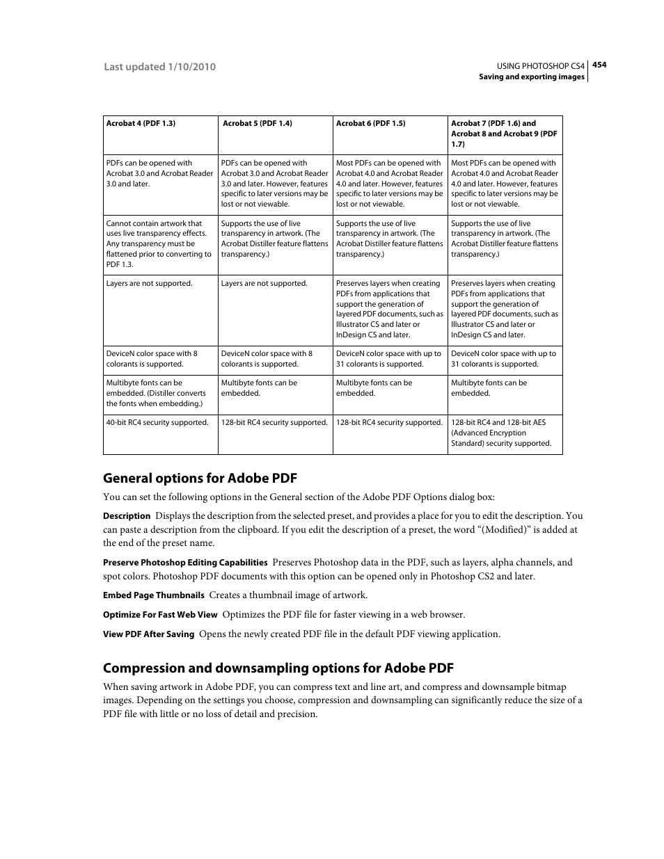 General options for adobe pdf, Compression and downsampling options for adobe pdf, Compression and downsampling options for | Adobe pdf | Adobe Photoshop CS4 User Manual | Page 461 / 707