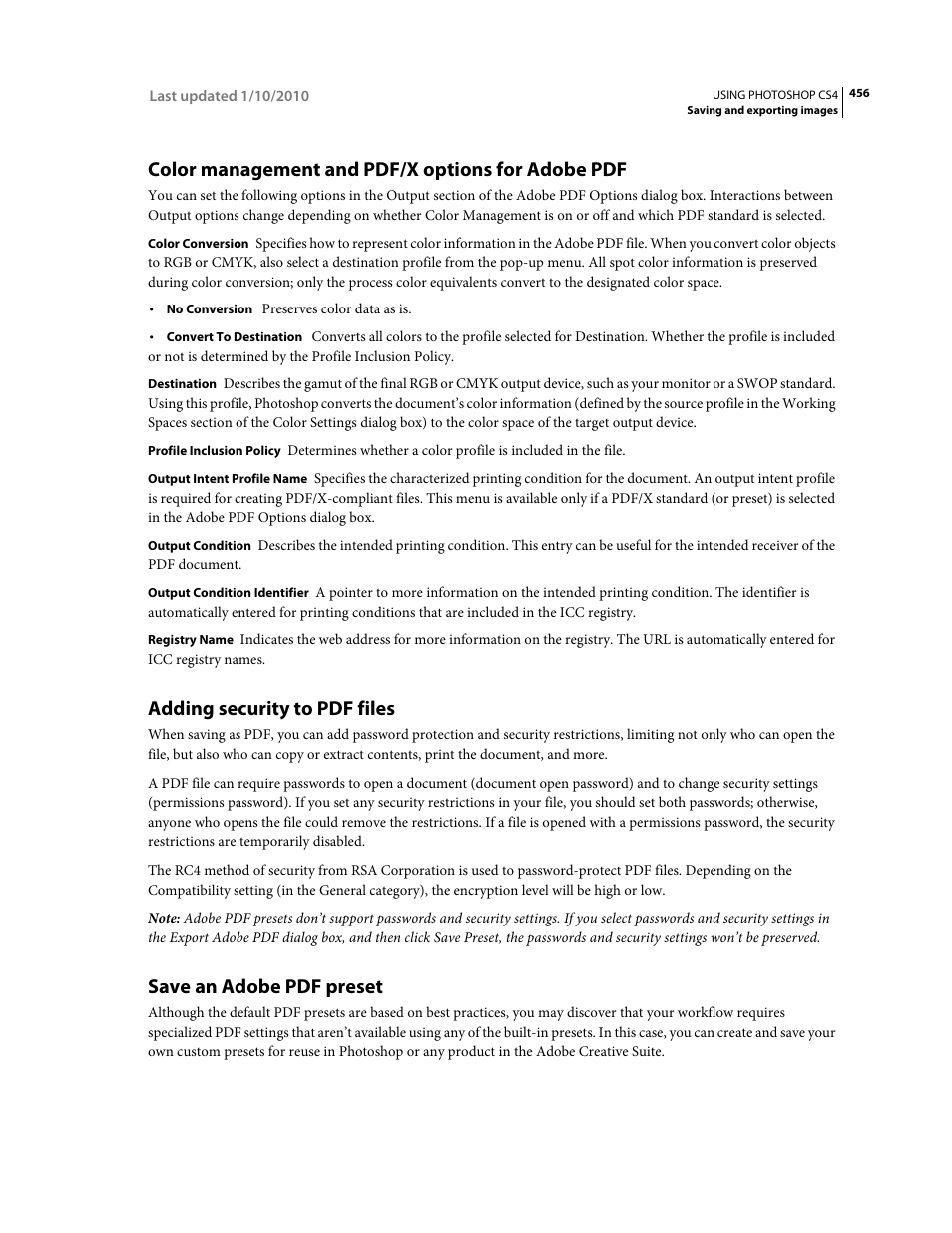 Color management and pdf/x options for adobe pdf, Adding security to pdf files, Save an adobe pdf preset | Pdf/x options. for more information, see | Adobe Photoshop CS4 User Manual | Page 463 / 707