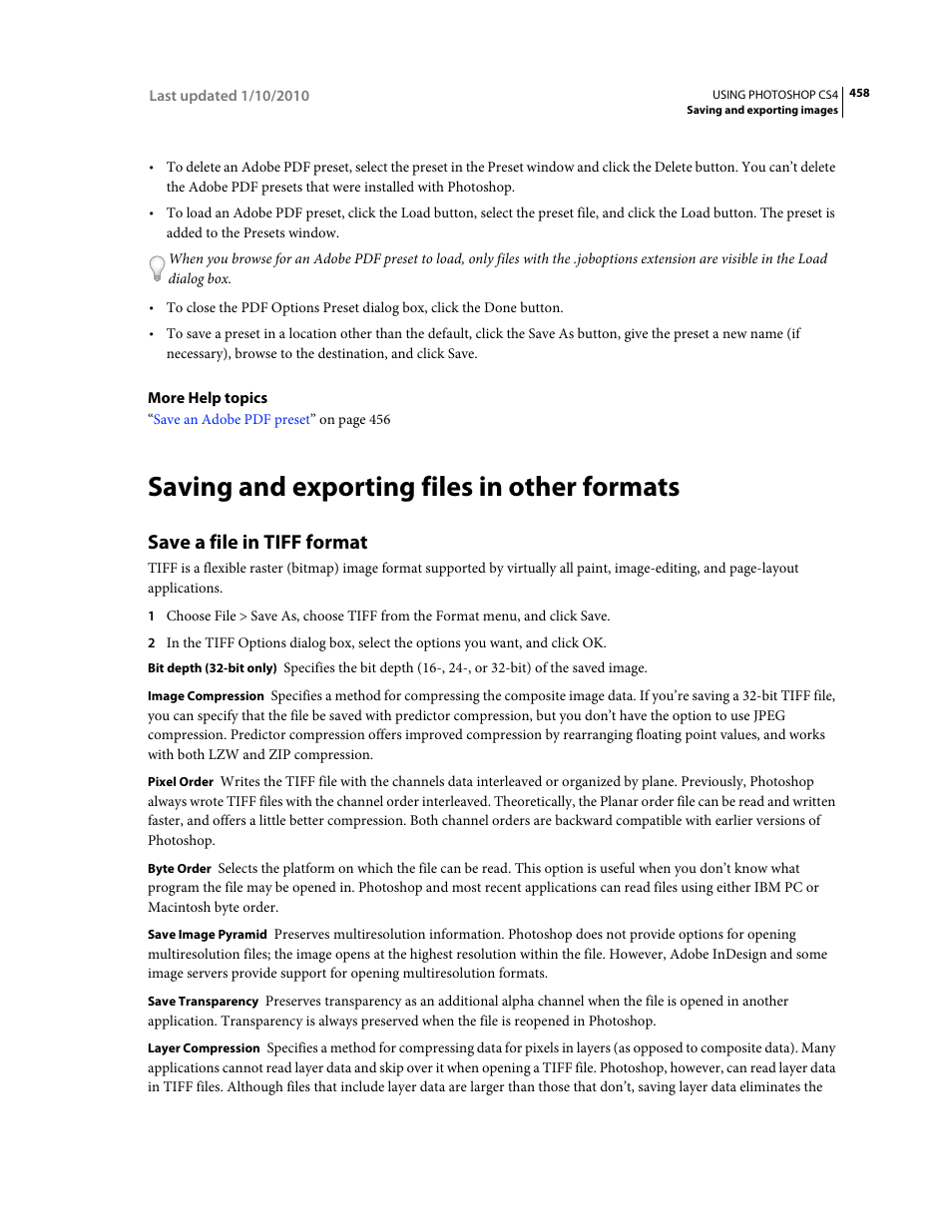 Saving and exporting files in other formats, Save a file in tiff format | Adobe Photoshop CS4 User Manual | Page 465 / 707