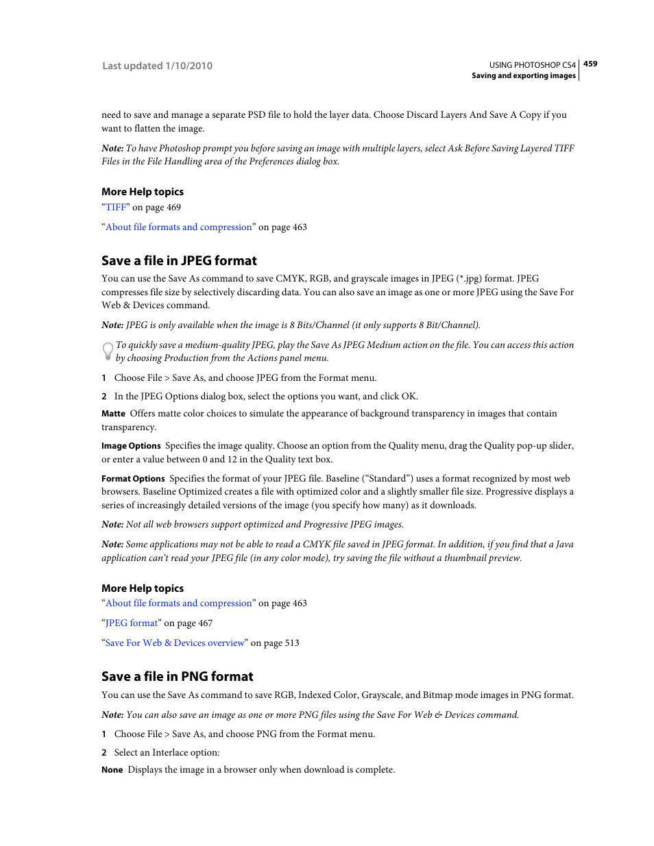 Save a file in jpeg format, Save a file in png format | Adobe Photoshop CS4 User Manual | Page 466 / 707