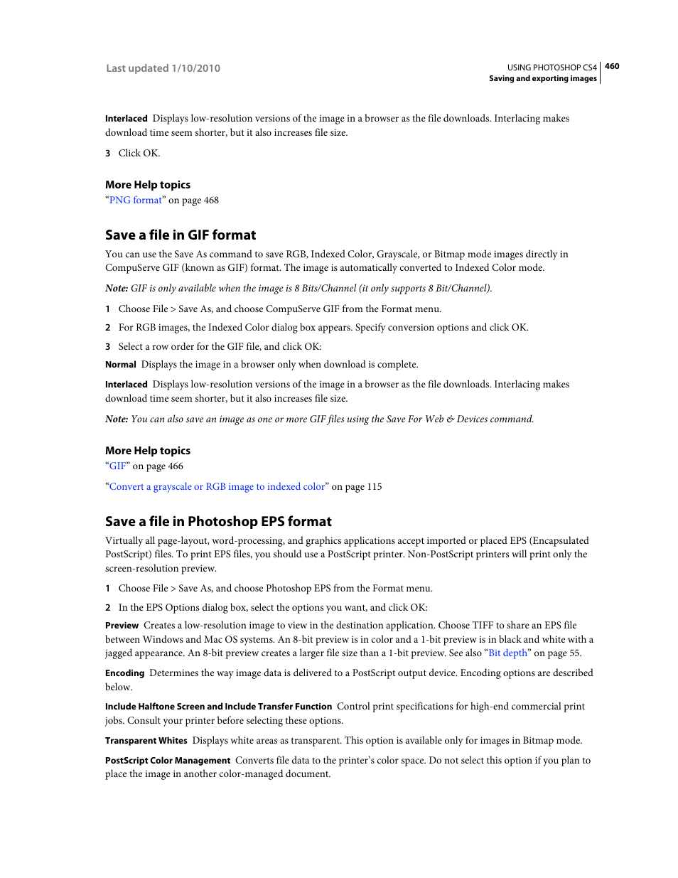 Save a file in gif format, Save a file in photoshop eps format | Adobe Photoshop CS4 User Manual | Page 467 / 707