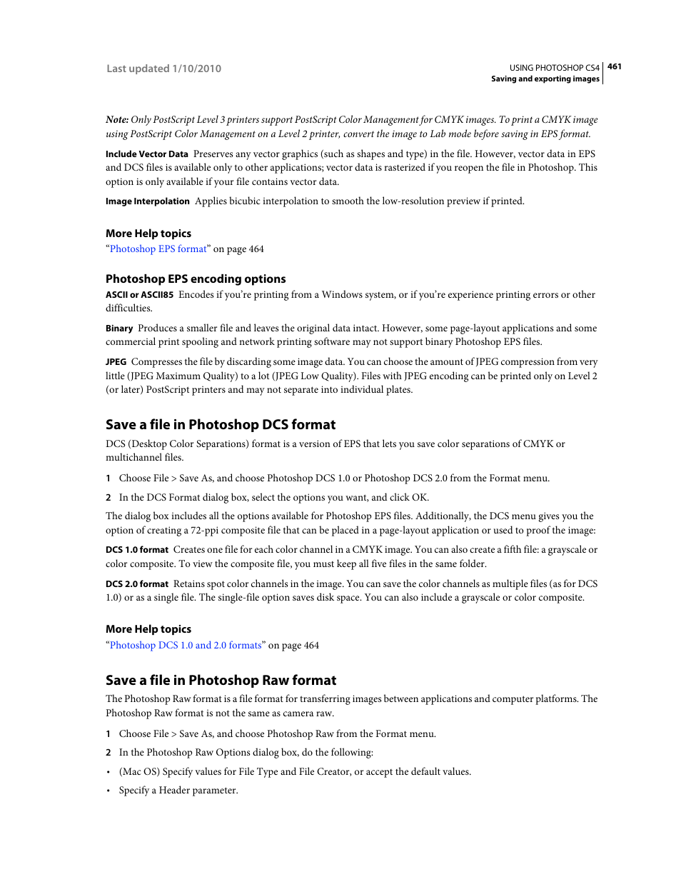 Photoshop eps encoding options, Save a file in photoshop dcs format, Save a file in photoshop raw format | Adobe Photoshop CS4 User Manual | Page 468 / 707