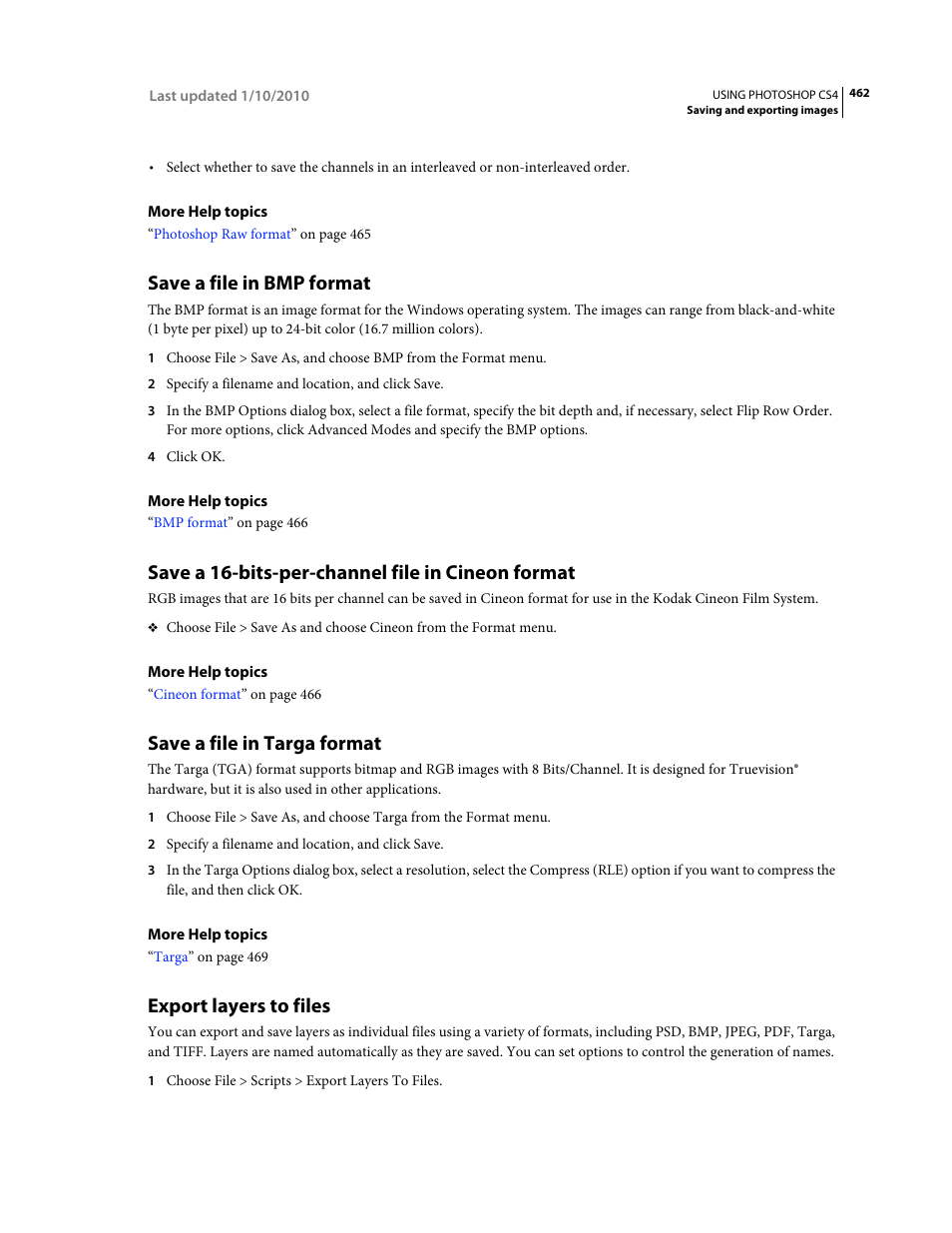 Save a file in bmp format, Save a 16-bits-per-channel file in cineon format, Save a file in targa format | Export layers to files | Adobe Photoshop CS4 User Manual | Page 469 / 707