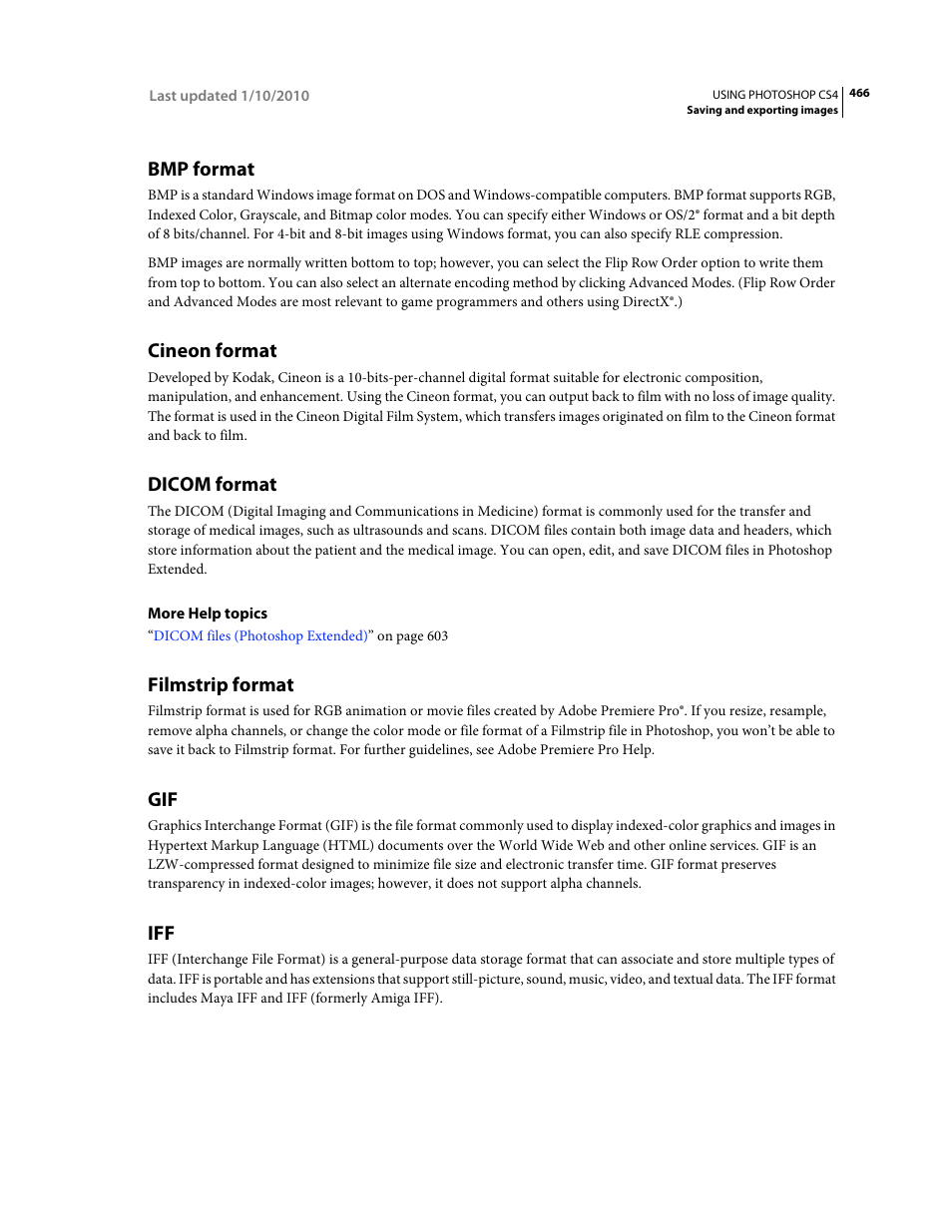 Bmp format, Cineon format, Dicom format | Filmstrip format | Adobe Photoshop CS4 User Manual | Page 473 / 707