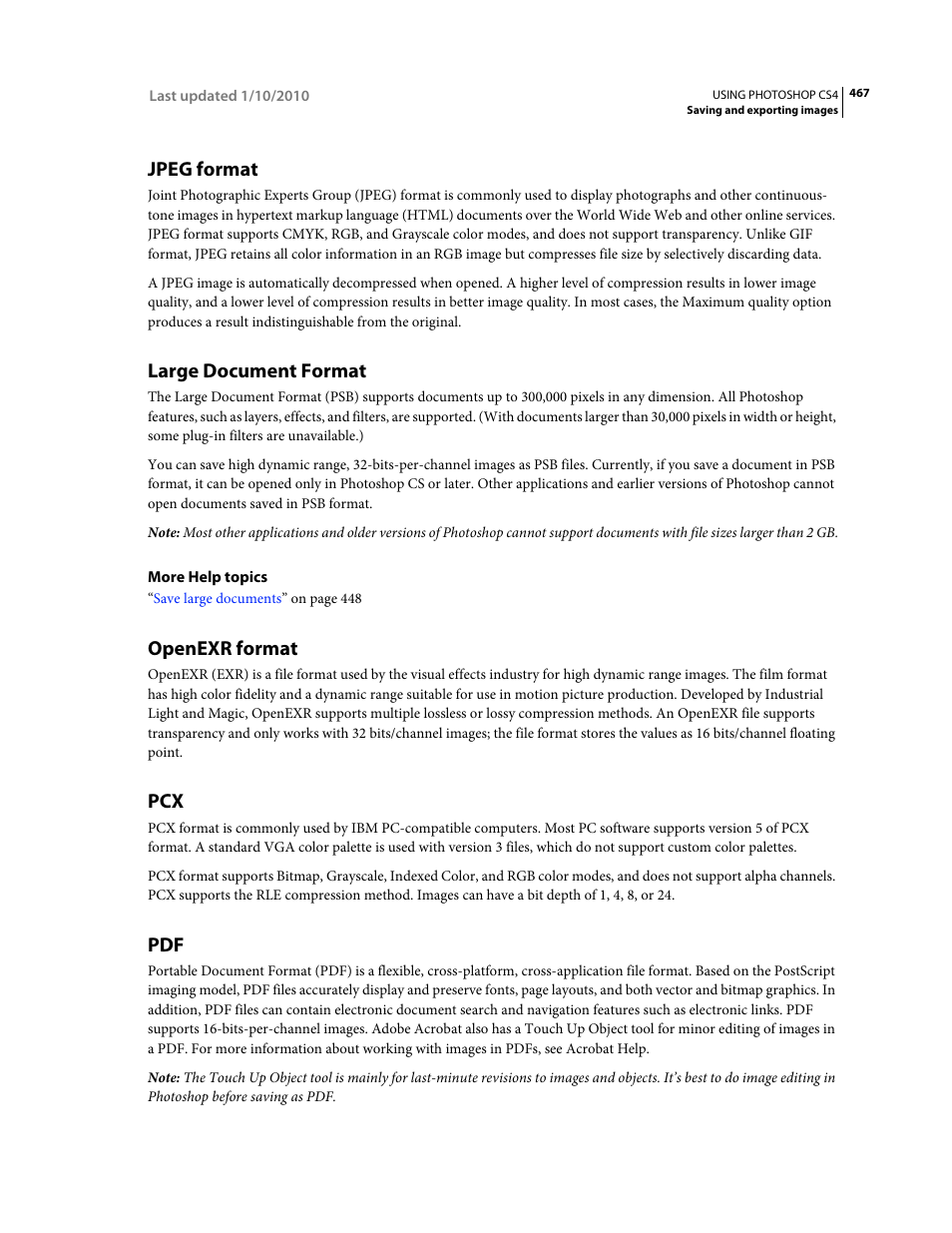 Jpeg format, Large document format, Openexr format | Adobe Photoshop CS4 User Manual | Page 474 / 707