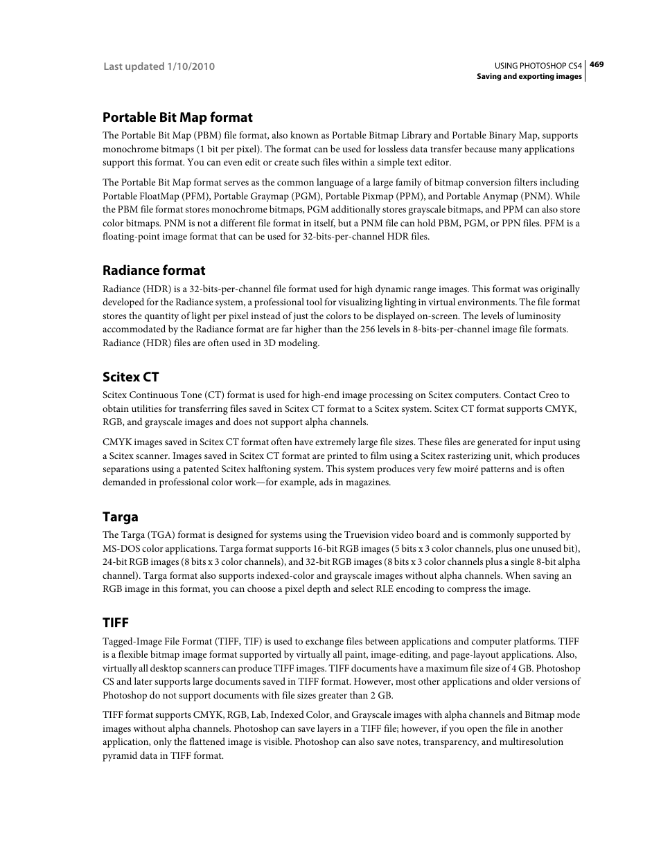 Portable bit map format, Radiance format, Scitex ct | Targa, Tiff | Adobe Photoshop CS4 User Manual | Page 476 / 707