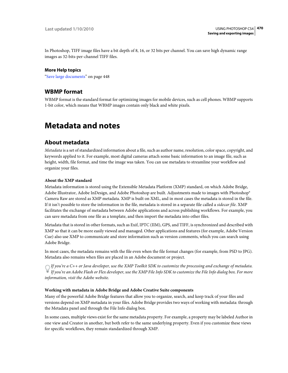 Wbmp format, Metadata and notes, About metadata | Adobe Photoshop CS4 User Manual | Page 477 / 707