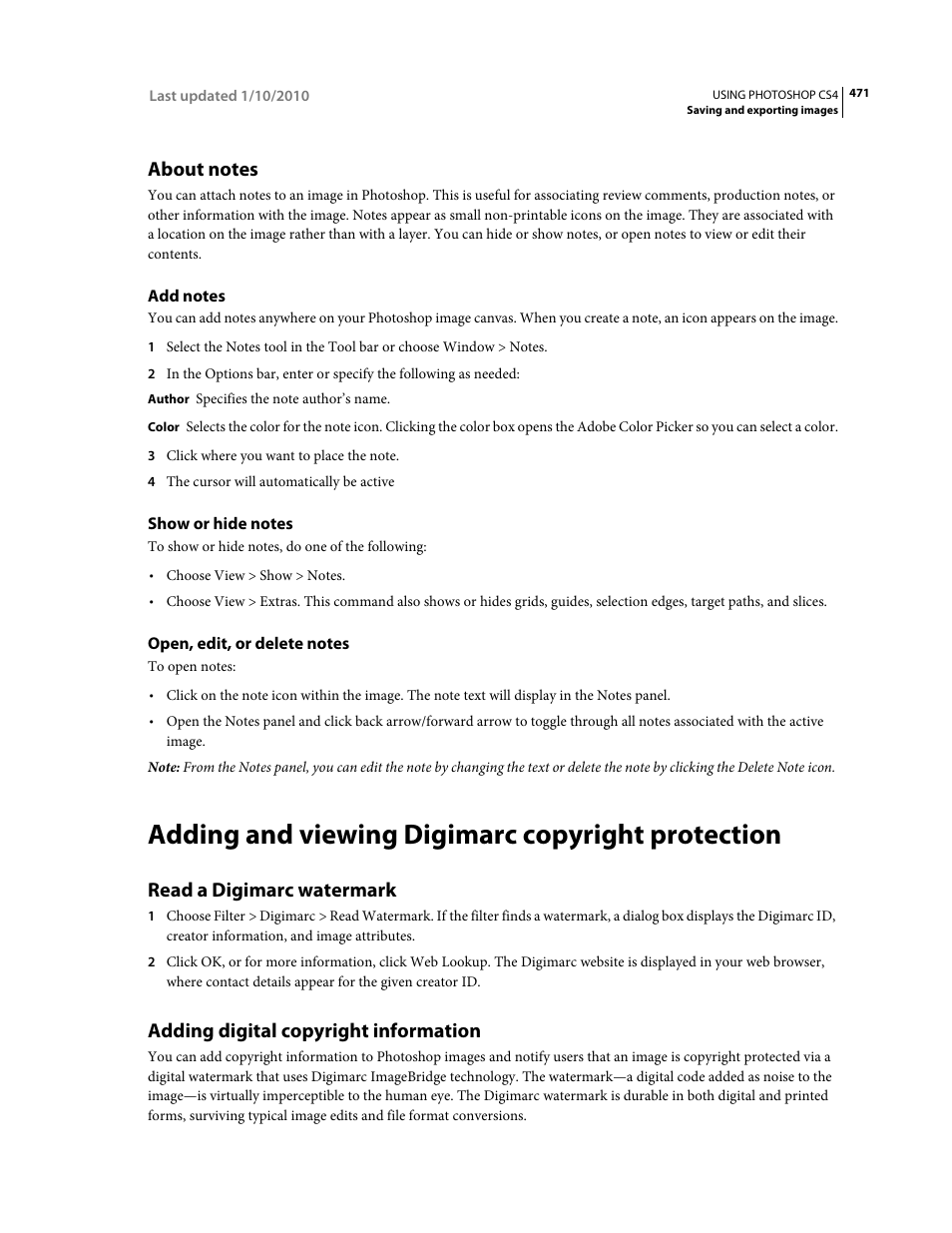 About notes, Add notes, Show or hide notes | Open, edit, or delete notes, Adding and viewing digimarc copyright protection, Read a digimarc watermark, Adding digital copyright information | Adobe Photoshop CS4 User Manual | Page 478 / 707