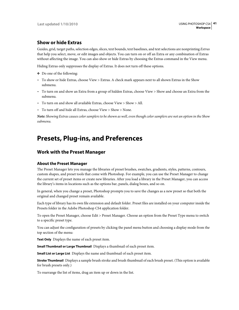 Show or hide extras, Presets, plug-ins, and preferences, Work with the preset manager | About the preset manager, Work with, The preset manager | Adobe Photoshop CS4 User Manual | Page 48 / 707