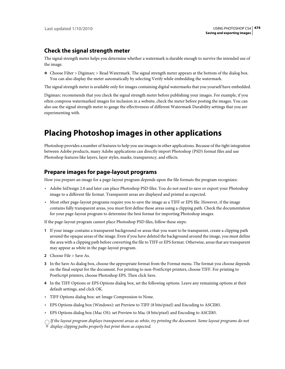 Check the signal strength meter, Placing photoshop images in other applications, Prepare images for page-layout programs | Adobe Photoshop CS4 User Manual | Page 481 / 707