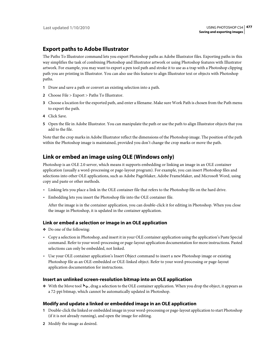 Export paths to adobe illustrator, Link or embed an image using ole (windows only) | Adobe Photoshop CS4 User Manual | Page 484 / 707