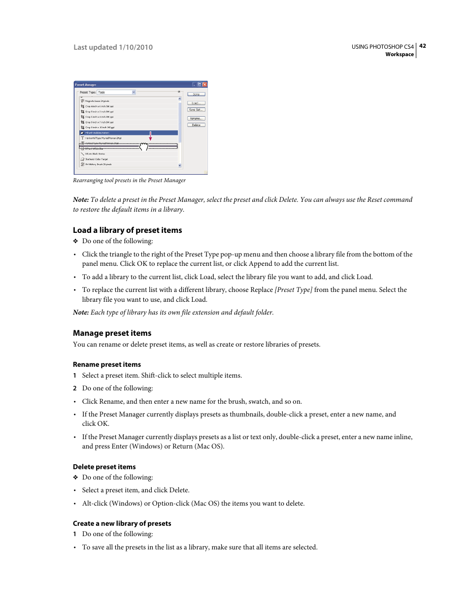 Load a library of preset items, Manage preset items | Adobe Photoshop CS4 User Manual | Page 49 / 707