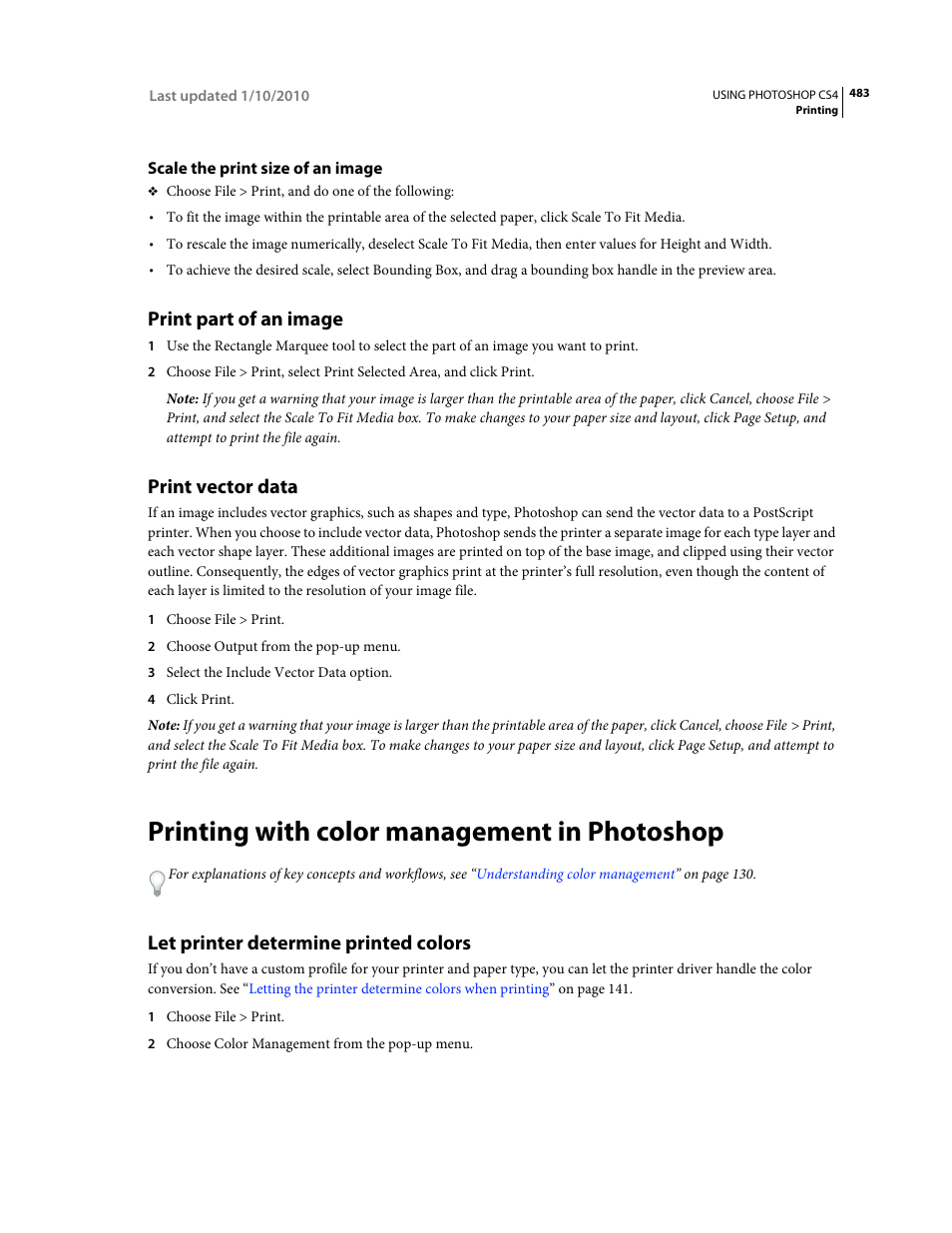 Scale the print size of an image, Print part of an image, Print vector data | Printing with color management in photoshop, Let printer determine printed colors | Adobe Photoshop CS4 User Manual | Page 490 / 707