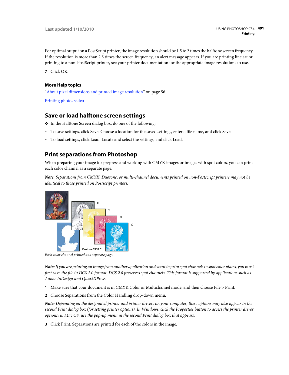 Save or load halftone screen settings, Print separations from photoshop | Adobe Photoshop CS4 User Manual | Page 498 / 707