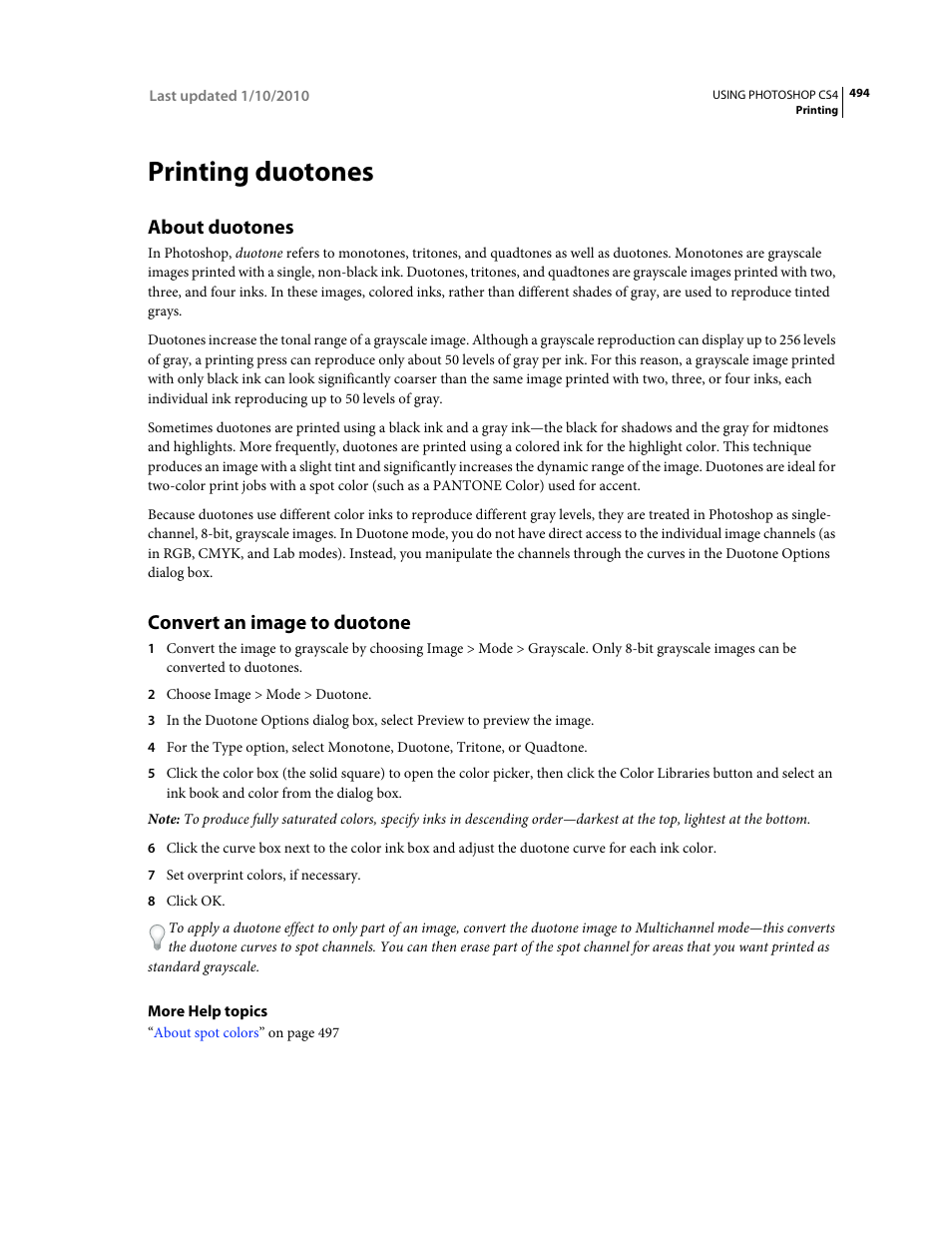 Printing duotones, About duotones, Convert an image to duotone | Adobe Photoshop CS4 User Manual | Page 501 / 707