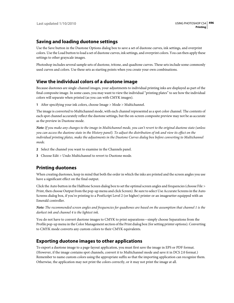 Saving and loading duotone settings, View the individual colors of a duotone image, Printing duotones | Exporting duotone images to other applications | Adobe Photoshop CS4 User Manual | Page 503 / 707