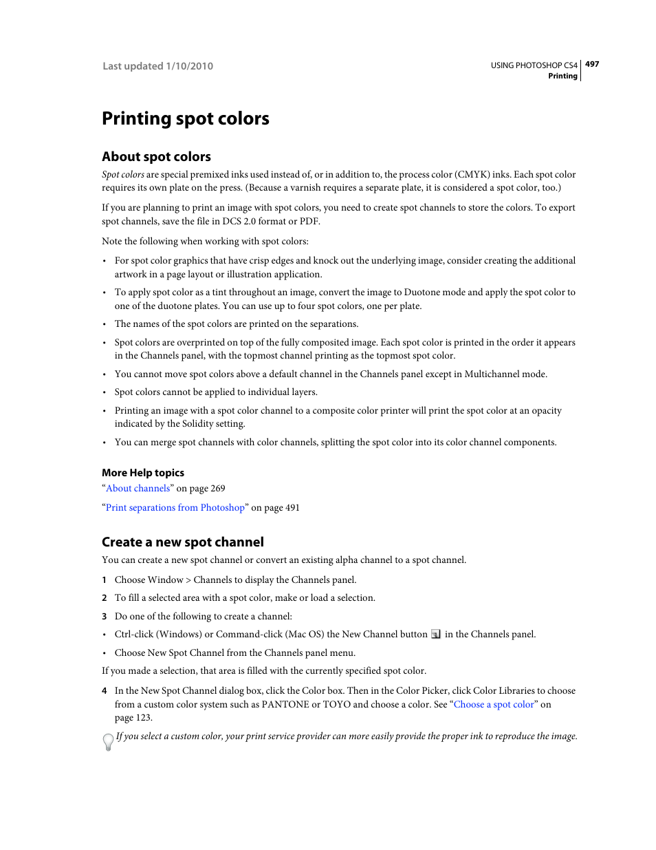 Printing spot colors, About spot colors, Create a new spot channel | Adobe Photoshop CS4 User Manual | Page 504 / 707