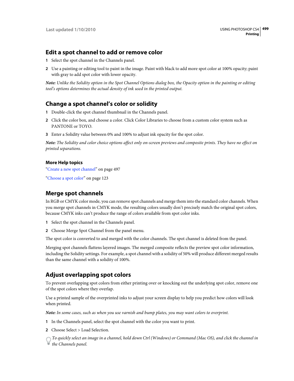 Edit a spot channel to add or remove color, Change a spot channel’s color or solidity, Merge spot channels | Adjust overlapping spot colors | Adobe Photoshop CS4 User Manual | Page 506 / 707