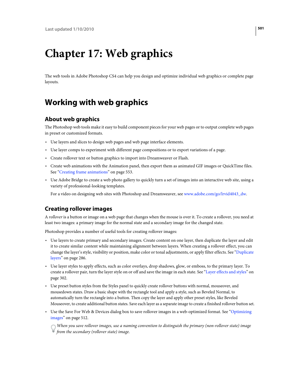 Chapter 17: web graphics, Working with web graphics, About web graphics | Creating rollover images | Adobe Photoshop CS4 User Manual | Page 508 / 707