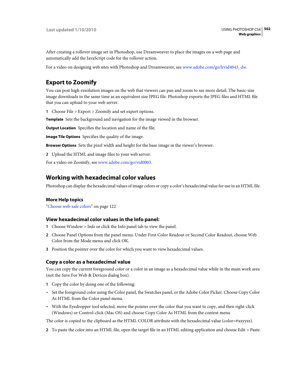 Export to zoomify, Working with hexadecimal color values, View hexadecimal color values in the info panel | Copy a color as a hexadecimal value | Adobe Photoshop CS4 User Manual | Page 509 / 707