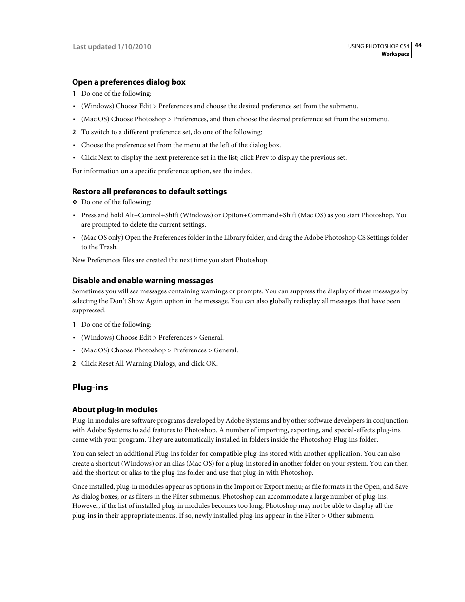 Open a preferences dialog box, Restore all preferences to default settings, Disable and enable warning messages | Plug-ins, About plug-in modules | Adobe Photoshop CS4 User Manual | Page 51 / 707