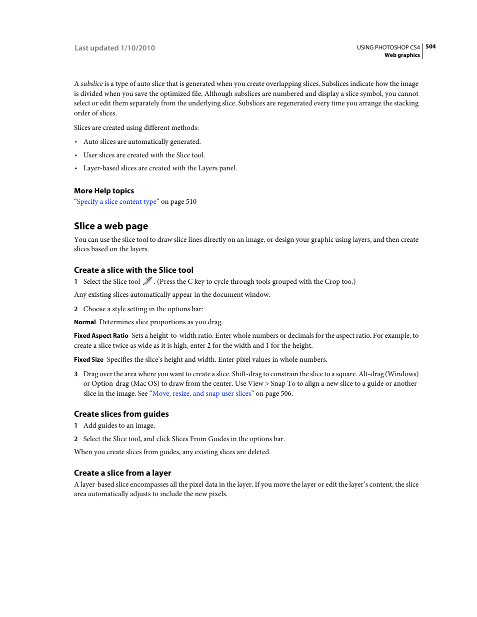 Create a slice with the slice tool, Create slices from guides, Create a slice from a layer | Slice a web page | Adobe Photoshop CS4 User Manual | Page 511 / 707