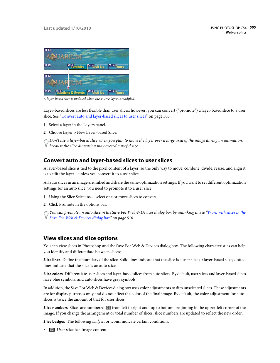 Convert auto and layer-based slices to user slices, View slices and slice options | Adobe Photoshop CS4 User Manual | Page 512 / 707