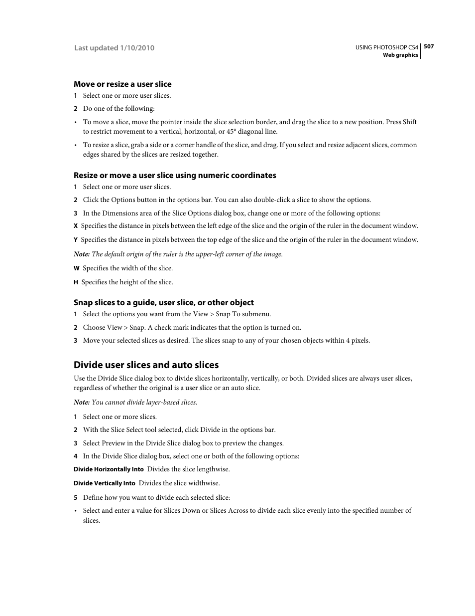 Move or resize a user slice, Divide user slices and auto slices | Adobe Photoshop CS4 User Manual | Page 514 / 707