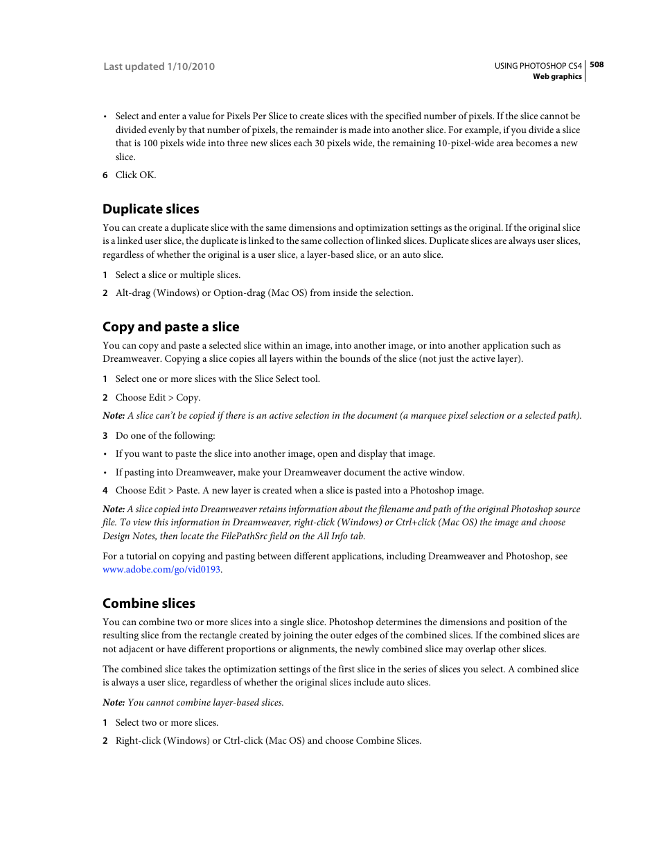 Duplicate slices, Copy and paste a slice, Combine slices | Adobe Photoshop CS4 User Manual | Page 515 / 707