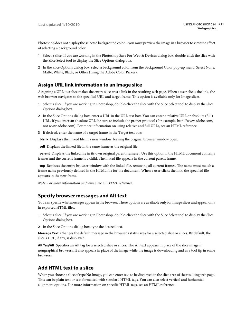 Assign url link information to an image slice, Specify browser messages and alt text, Add html text to a slice | Adobe Photoshop CS4 User Manual | Page 518 / 707