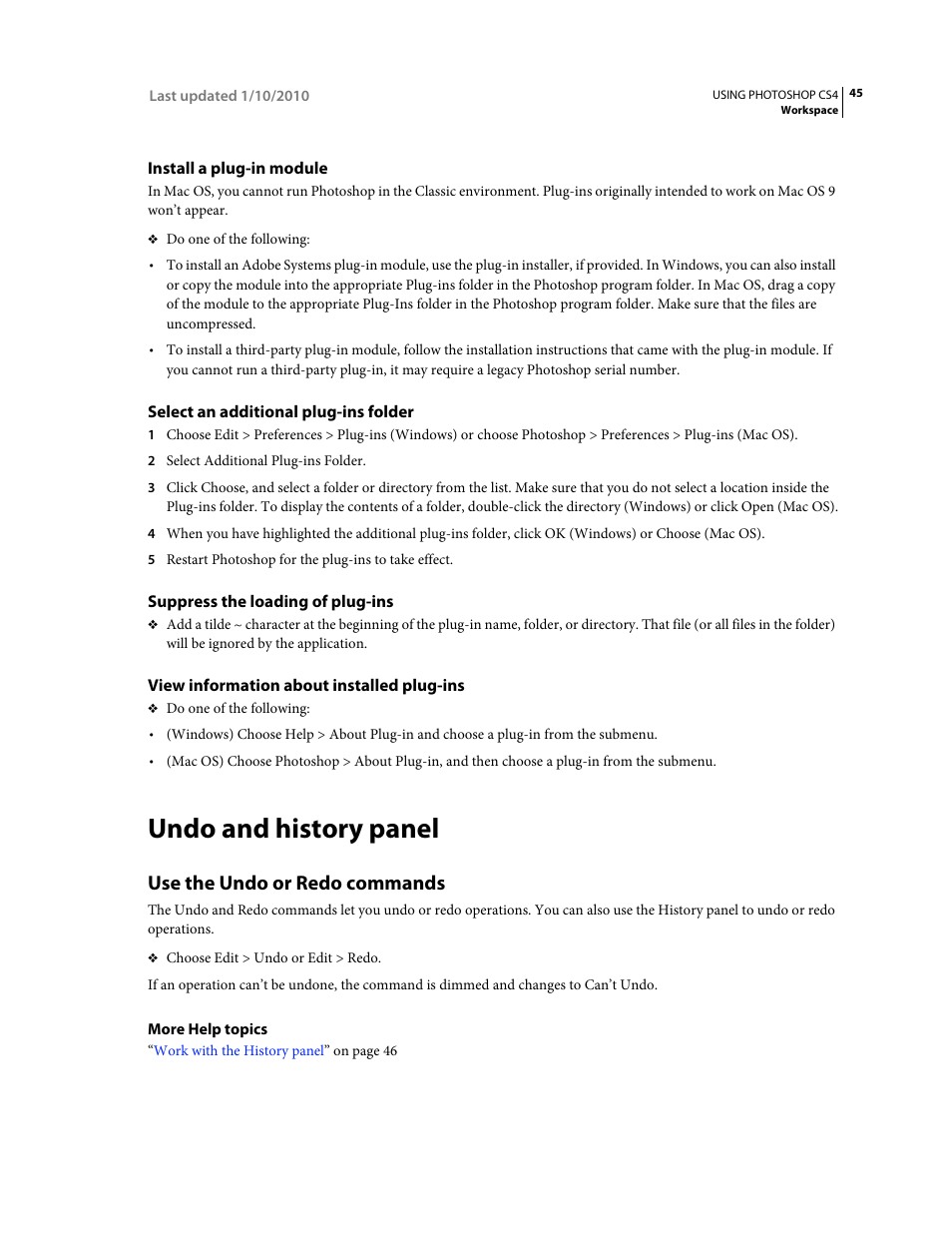 Install a plug-in module, Select an additional plug-ins folder, Suppress the loading of plug-ins | View information about installed plug-ins, Undo and history panel, Use the undo or redo commands | Adobe Photoshop CS4 User Manual | Page 52 / 707