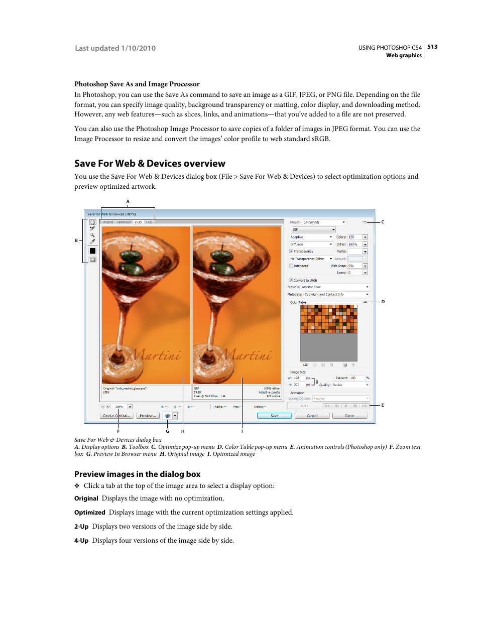 Save for web & devices overview, Preview images in the dialog box | Adobe Photoshop CS4 User Manual | Page 520 / 707