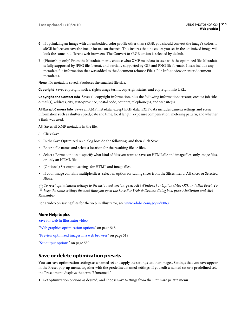 Save or delete optimization presets | Adobe Photoshop CS4 User Manual | Page 522 / 707