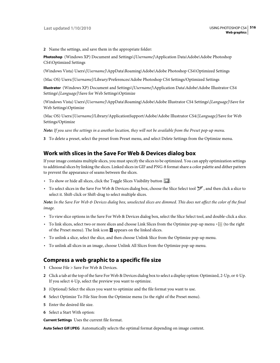 Compress a web graphic to a specific file size, Work with slices in the, Save for web & devices dialog box | Adobe Photoshop CS4 User Manual | Page 523 / 707