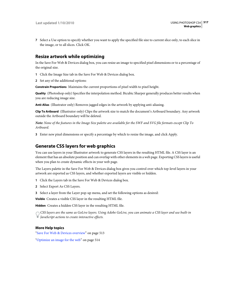 Resize artwork while optimizing, Generate css layers for web graphics | Adobe Photoshop CS4 User Manual | Page 524 / 707