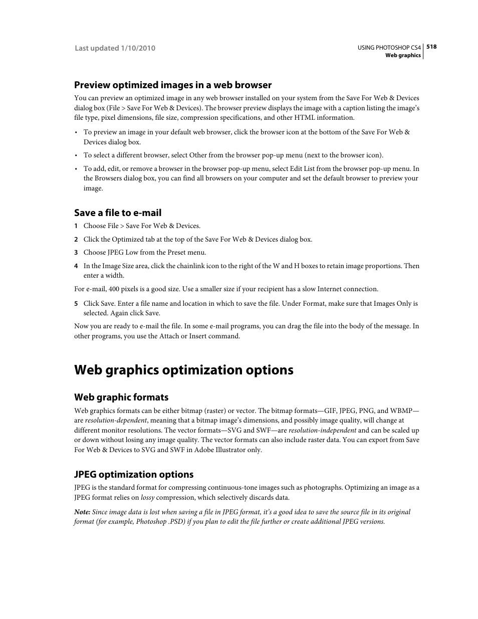 Preview optimized images in a web browser, Save a file to e-mail, Web graphics optimization options | Web graphic formats, Jpeg optimization options | Adobe Photoshop CS4 User Manual | Page 525 / 707