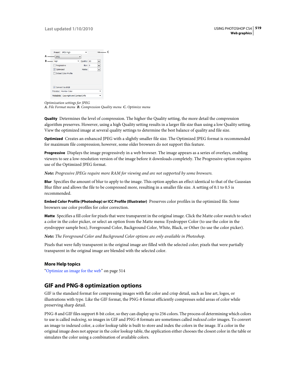 Gif and png-8 optimization options | Adobe Photoshop CS4 User Manual | Page 526 / 707