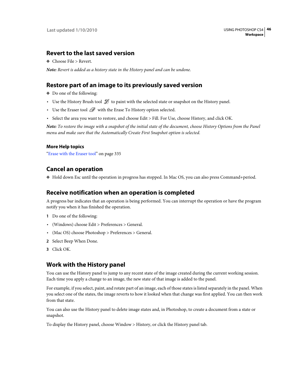 Revert to the last saved version, Cancel an operation, Work with the history panel | Adobe Photoshop CS4 User Manual | Page 53 / 707