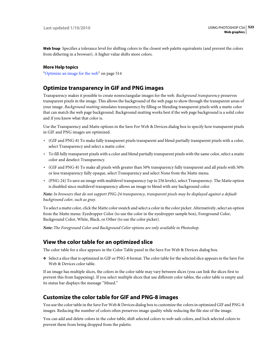 Optimize transparency in gif and png images, View the color table for an optimized slice, Customize the color table for gif and png-8 images | Adobe Photoshop CS4 User Manual | Page 530 / 707