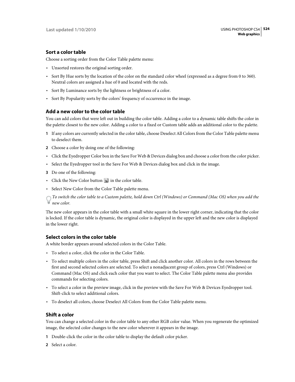 Sort a color table, Add a new color to the color table, Select colors in the color table | Shift a color | Adobe Photoshop CS4 User Manual | Page 531 / 707