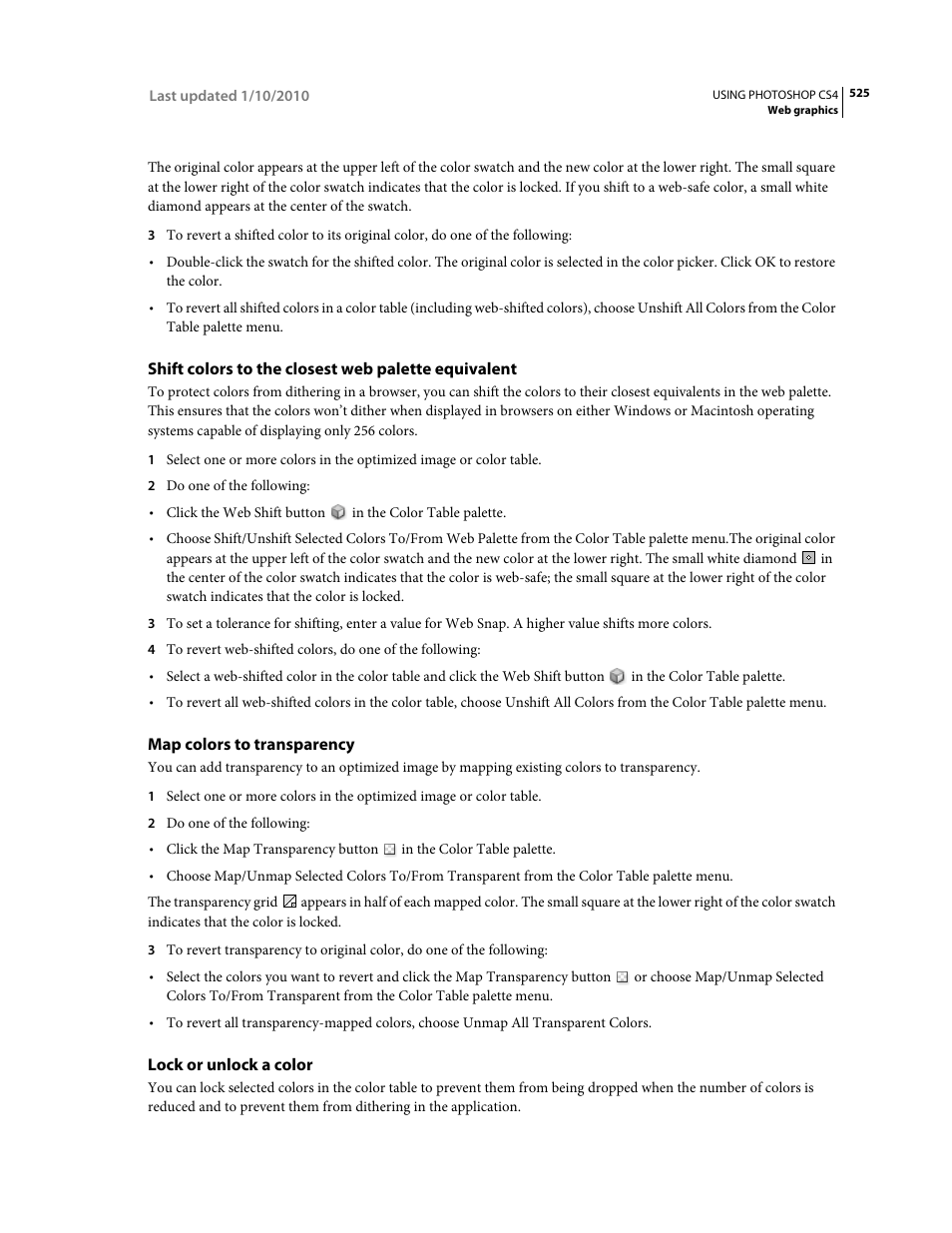 Shift colors to the closest web palette equivalent, Map colors to transparency, Lock or unlock a color | Adobe Photoshop CS4 User Manual | Page 532 / 707